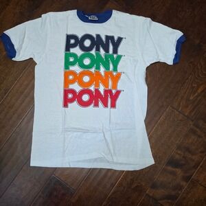 Vintage Pony Ringer T-Shirt Mens Large White Multi-Color Stacked Logo